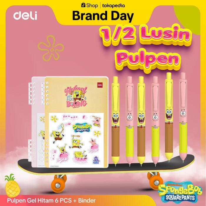 [Deli x Spongebob] Paket Setengah Lusin Pulpen Spongebob, 6 pcs Pulpen Gel Spongebob + Buku Tulis