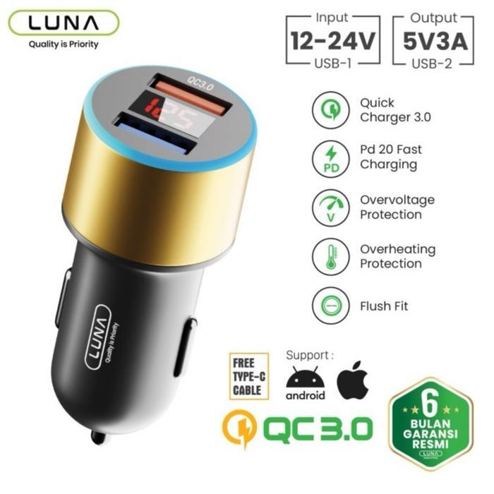 TERLARIS! Luna Car Charger 3.1 A Fast Charging QC 3.0 Quick Charge Dual Port USB