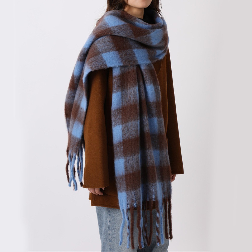 Retro Mohair Plaid Wool Scarf Tassel Thicken Winter Cashmere Scarves Solid Color Plush Long Shawl