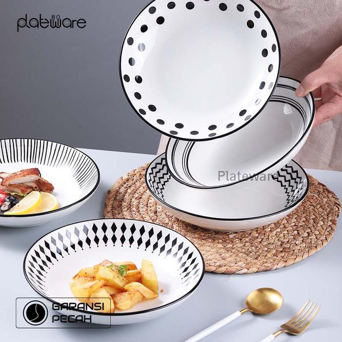 {SATUAN} (COD) Piring Makan Keramik motif hitam putih ukuran 20cm Kitchenware