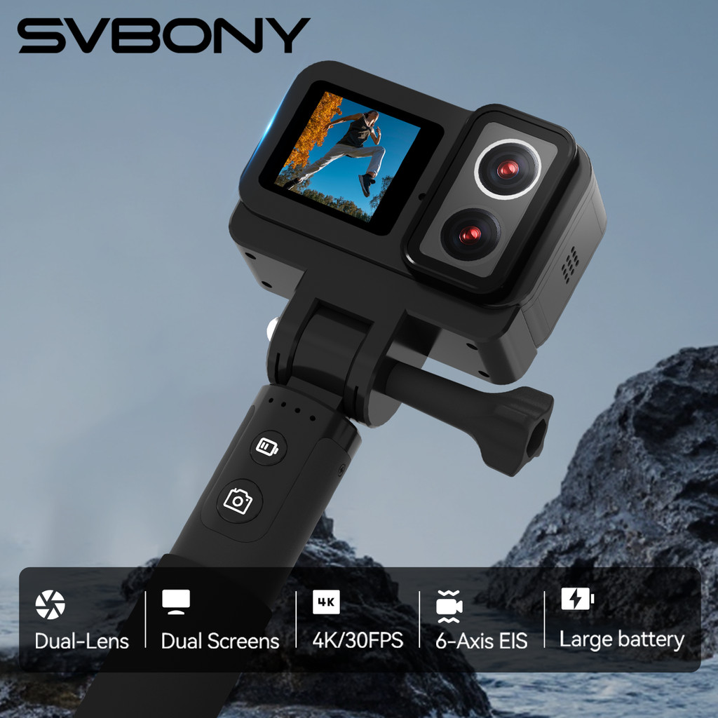 Svbony SVGo Dual Lens Dual Screen Action Camera Waterproof Grip Charging 4K30 More Clearly Visible