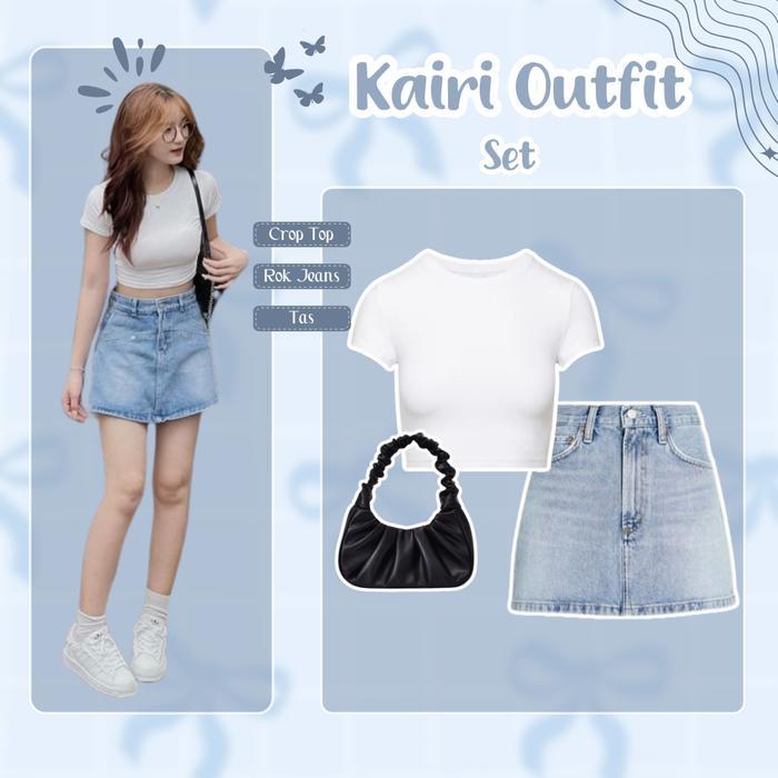 Setelan Kairi Outfit Set [ Crop Tee + Rok Mini + Tas ] One Set Korean Style OOTD Fashion Wanita