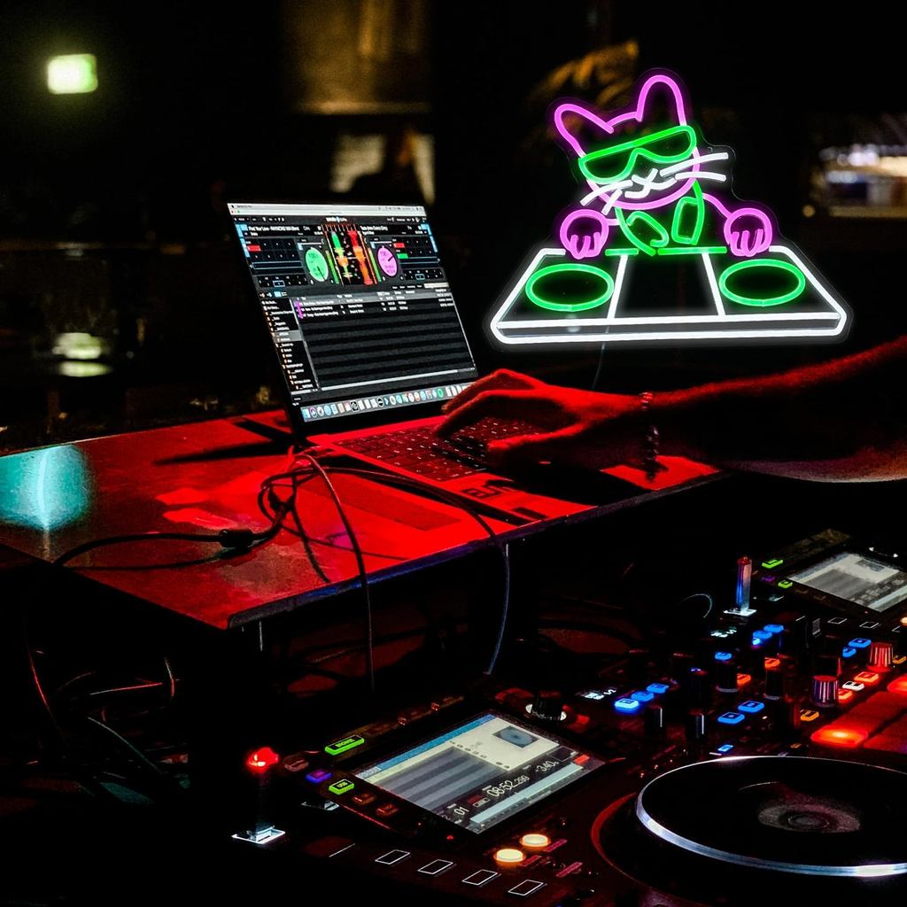 Cat DJ Player Neon Sign Dimmable DJ Player Led Light Up Sign Wall Decor for Bar Party Man Cave