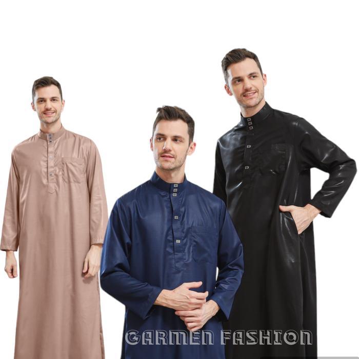 Gamis thobe Dubai lengan panjang polos kain katun poliyester premium anti gerah jubah pria mewah