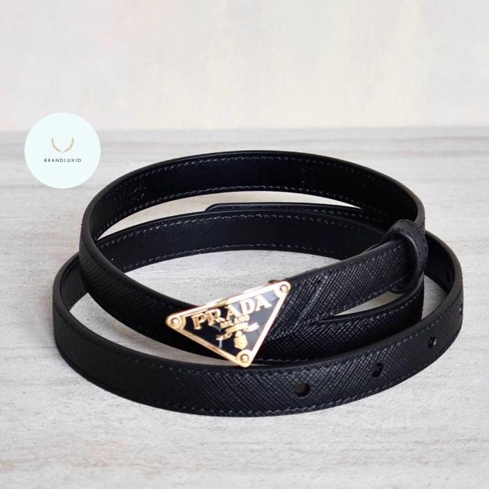 DISKON Prada triangle 1.5cm saffiano belt in black ghw READY STOCK
