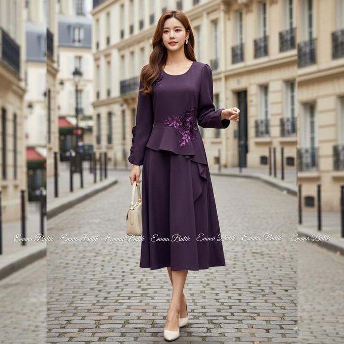 [] Emma.butik E00659 Gaun Gereja Wanita Midi Dress Formal Pesta Lengan Panjang Mewah Polos Crew-neck