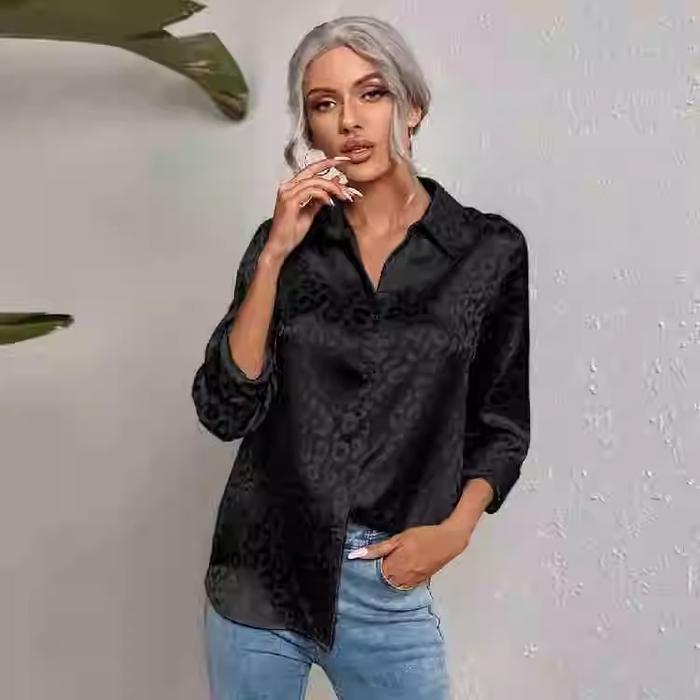 Best Seller 99029 Kemeja Wanita Satin Enam Warna, Motif Macan Tutul Tiga Dimensi, Atasan Panjang