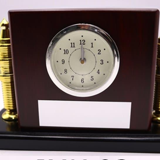 Jam Meja Kayu Tempat Pulpen Pensil Souvenir Wooden Table Clock Holder Terlaris