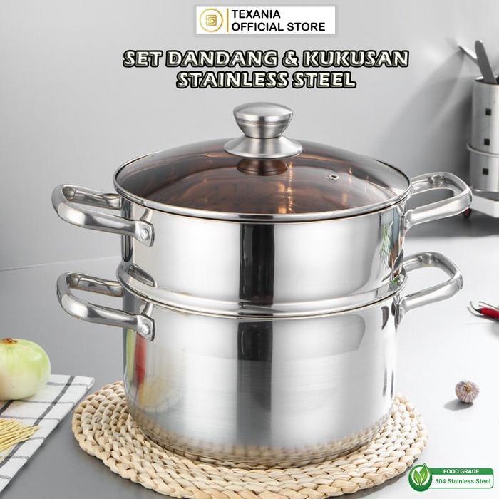 [EXCLUSIVE BABYOLIV] TEXANIA Panci Kukusan Serbaguna Set Dandang dan Kukusan 2 Susun Full Stainless