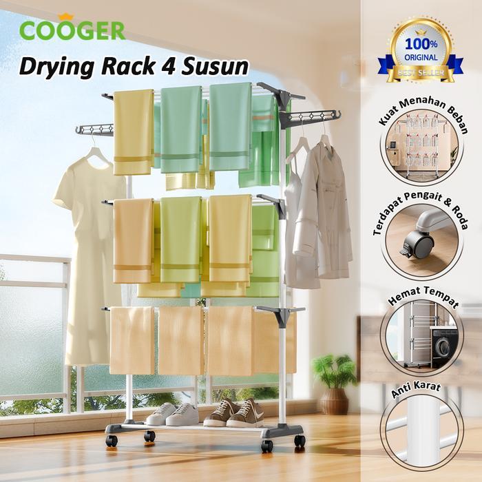 [] COOGER Rak Jemuran Baju Stainless Steel Rak Jemuran Handuk 4 Susun