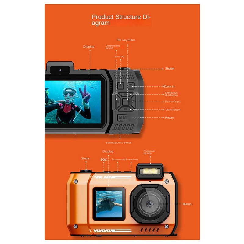 T35C Waterproof Camera D50 Dual Screen Selfie Outdoor Sports HD Diving Underwater IP68 10 Meters