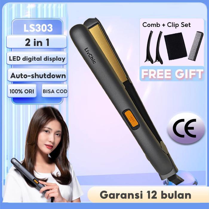 LivChic 2IN1 Catok Rambut untuk Meluruskan dan Keriting LS303 Merah Catokan Sisir