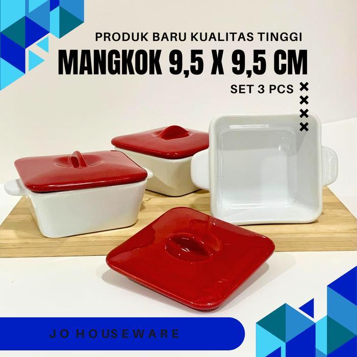 SET 3 PCS mangkok kecil segi + tutup ukuran 9x9 cm / mangkok sambel keramik JJ145