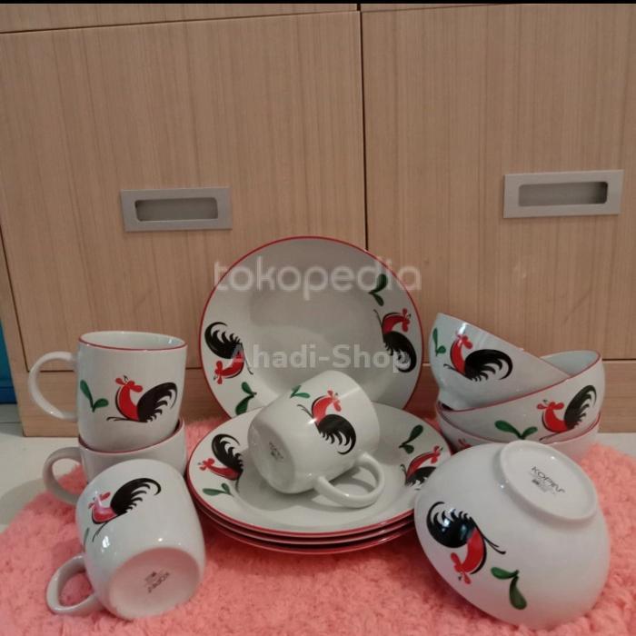 Dinner Set keramik motif ayam jago / piring set isi 12 pcs / murah
