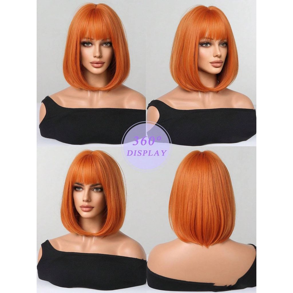 Orange Short Straight Synthetic Wig Natural Bangs Bob Lolita Hair Women's Halloween Cosplay Heat