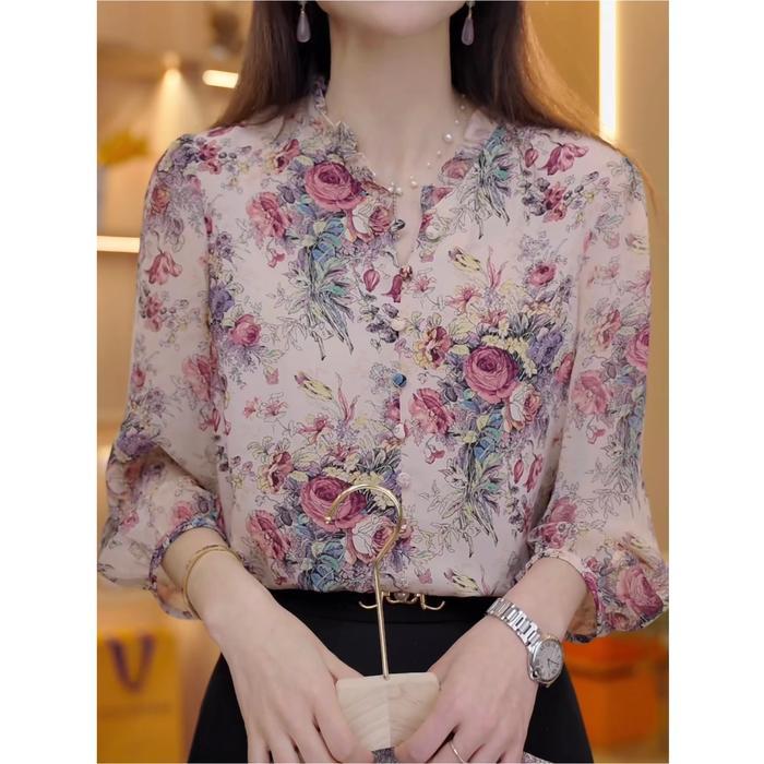 99097 Blus lengan tiga perempat motif bunga temperamen musim semi dan musim panas blus sifon baru