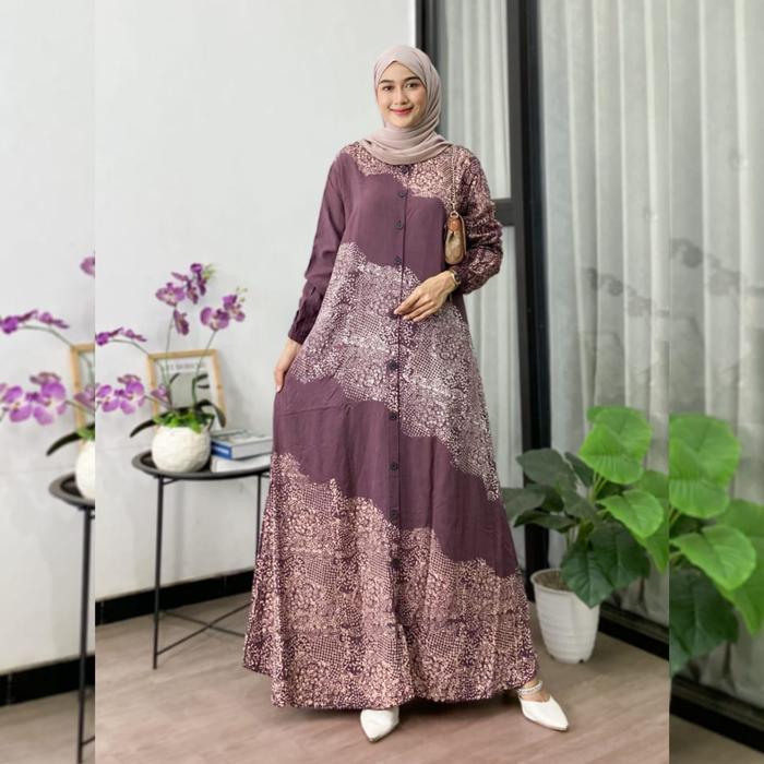 Terlaris Naya Batik - Gamis Twill Berkualitas Motif Garis Batik Cap Malaman Bukan Sablon Busui