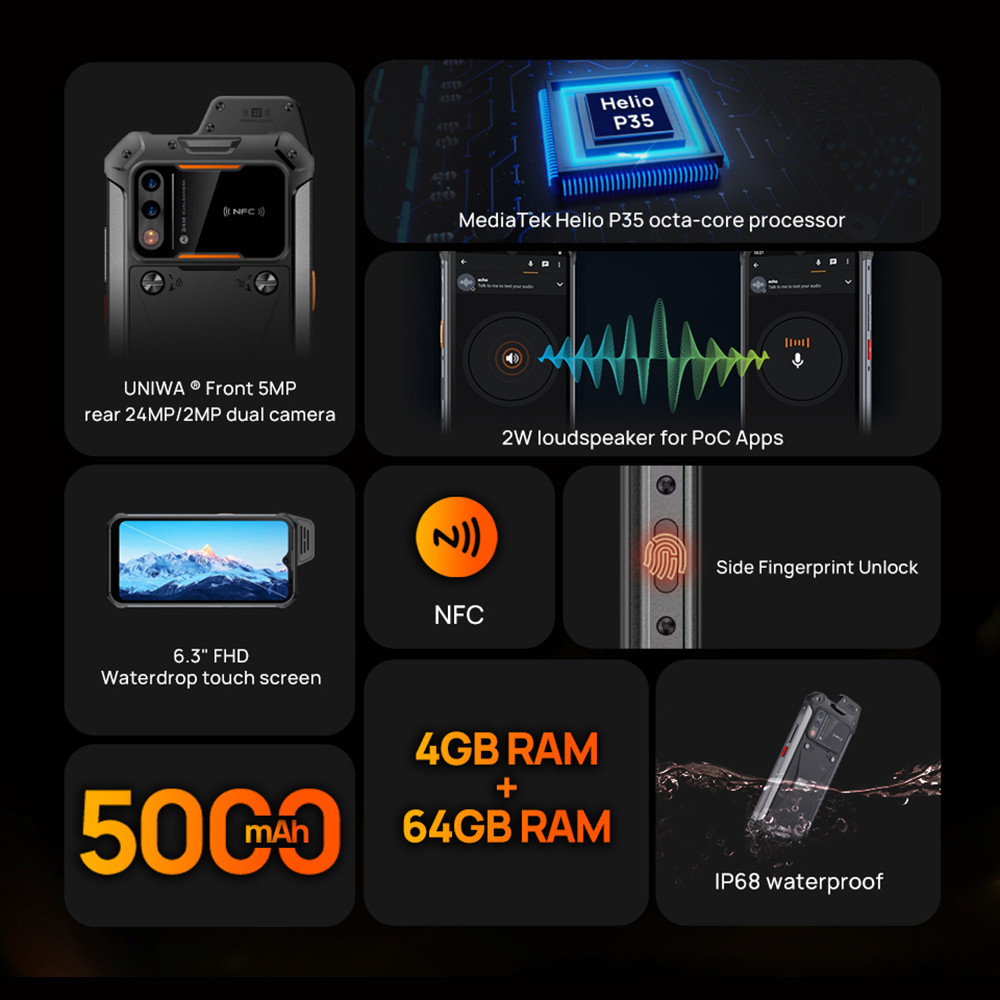 ATEX Explosion-proof IP68 Smartphone UNIWA W888 4GB 64GB Andriod 11 6.3 Inch NFC Cellphone Walkie Ta