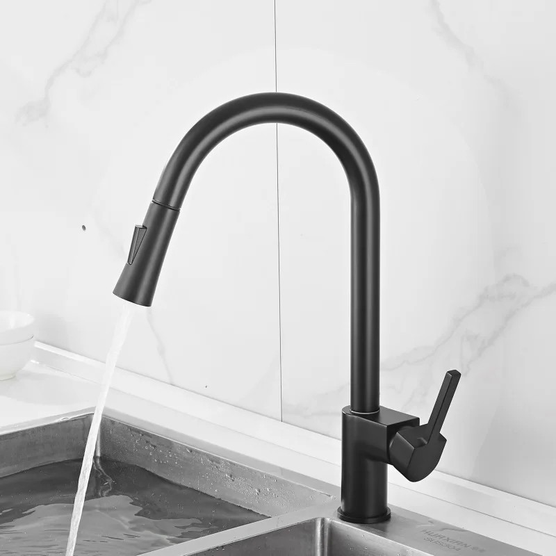 Black Kitchen Faucet Brass Pull Out Kitchen Tap Single Hole Rotating Pull Out Sink Faucet Water Mixe