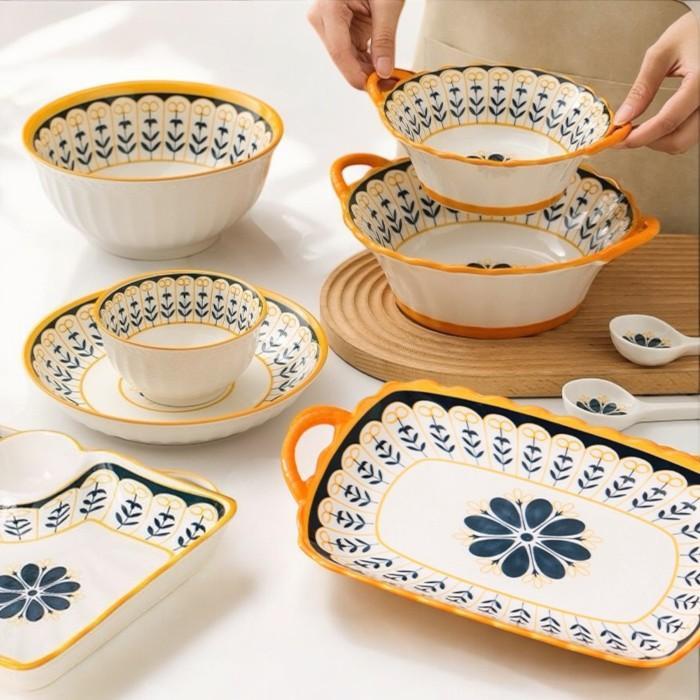 Piring Keramik Yelo A Peralatan Makan Keramik Mewah Motif Bunga Biru Kuning Piring Mangkok, dan