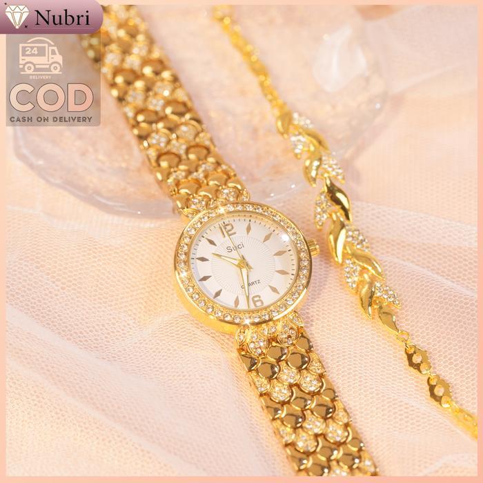 Nubri Buy 1 Get 1 Jam Tangan Wanita Gelang Kemewahan Emas Bentuk Daun Dial Dan Tali Jam Berhiaskan