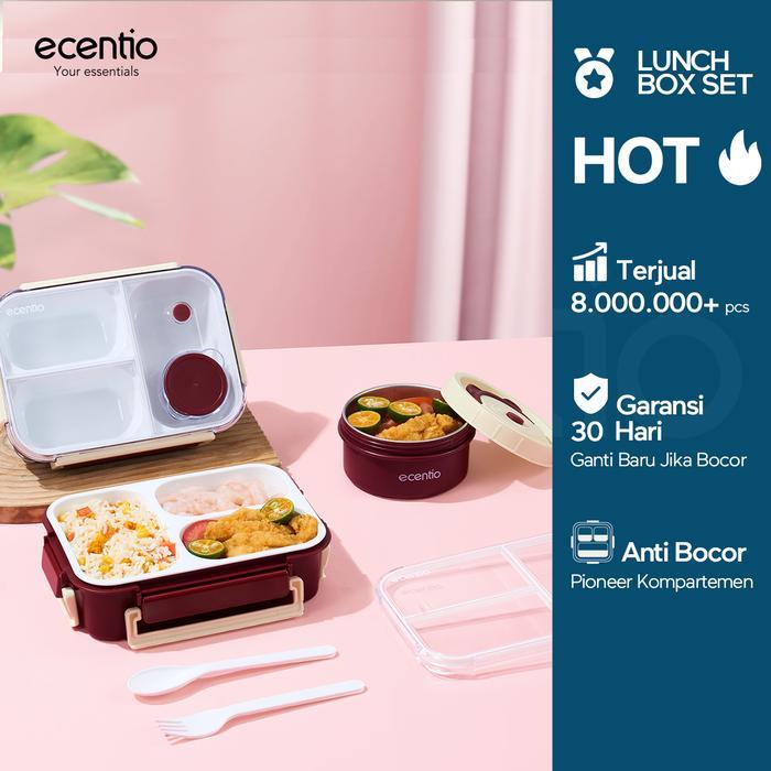 Ecentio Set Kotak Makan Bento & Mangkuk Stainless 304 Lunch Box 3 Sekat Kotak Bulat Anti Bocor Tahan