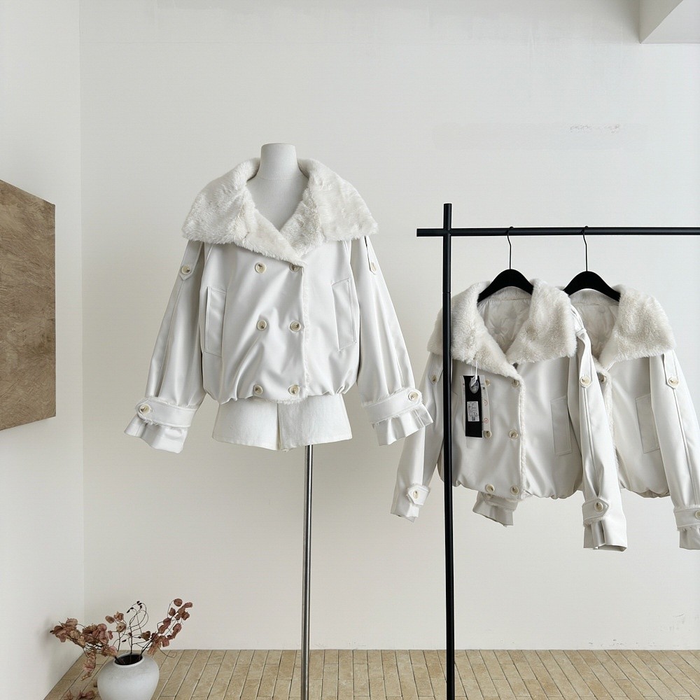 Thickened White Duck down Puffer Jacket with Fur Collar Warm Outerwear Polo Collar Long Sleeve