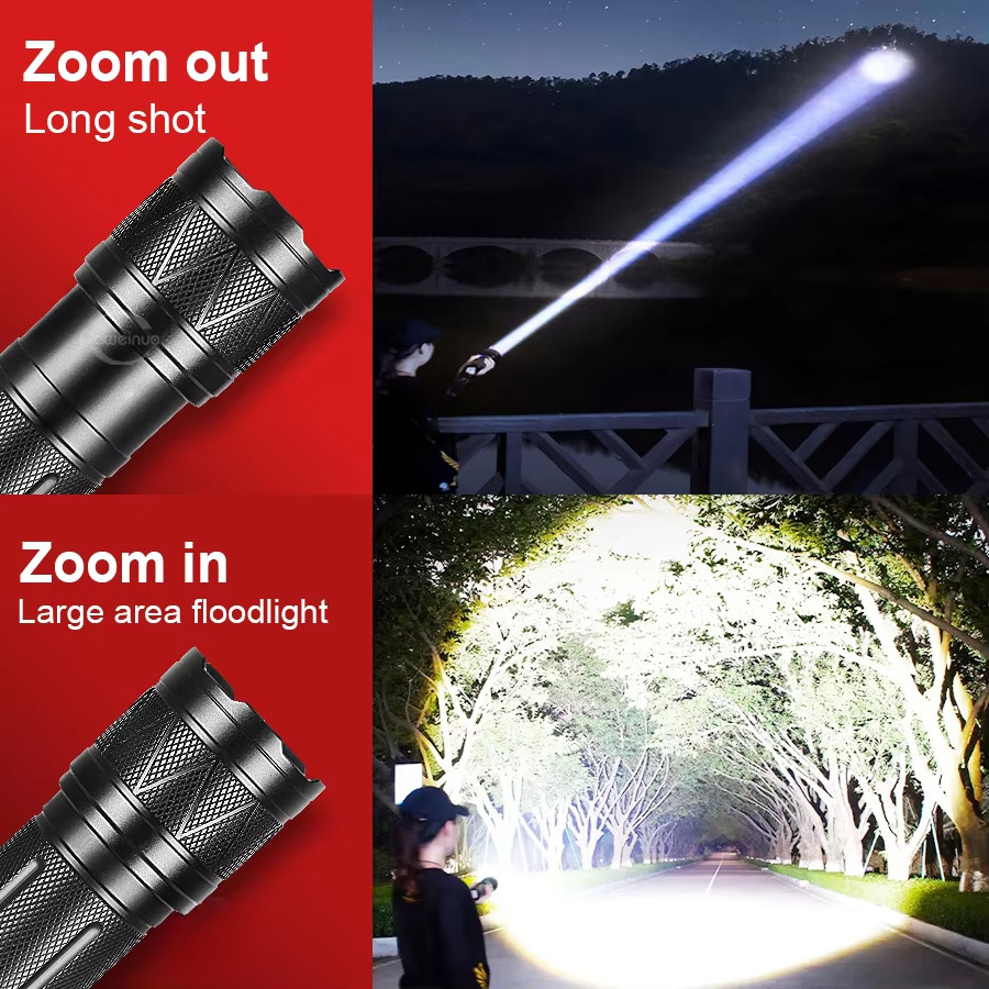 50000LM Ultra Bright LED Flashlight,12000mAh Rechargeable Zoomable Tactical Torch, Adjustable Focus