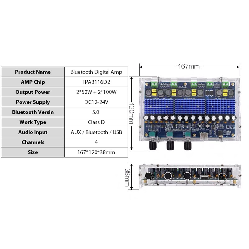 2*50W + 2*100W TPA3116D2 Bluetooth 5.0 Digital Amplifier Board Subwoofer 4 Channels TPA3116 Class D