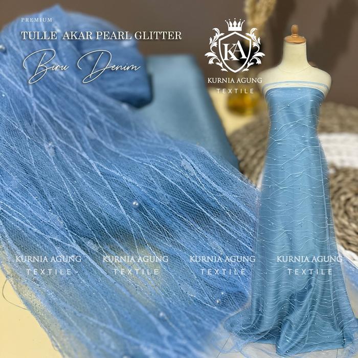 ORIGINAL Kain Tile Akar Mutiara Glitter/Kain Brukat Tile Modern warna DENIM BIRU Bahan Gamis, Dress,