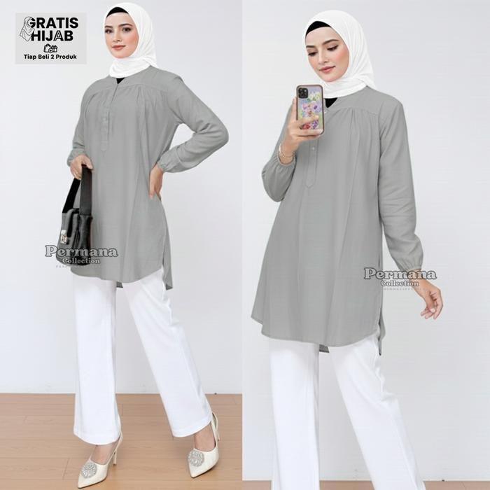 Sale- Baju Atasan Wanita Blouse Kemeja Lengan Panjang Abu-Abu Jumbo Dewasa Muslim Nyaman Formal
