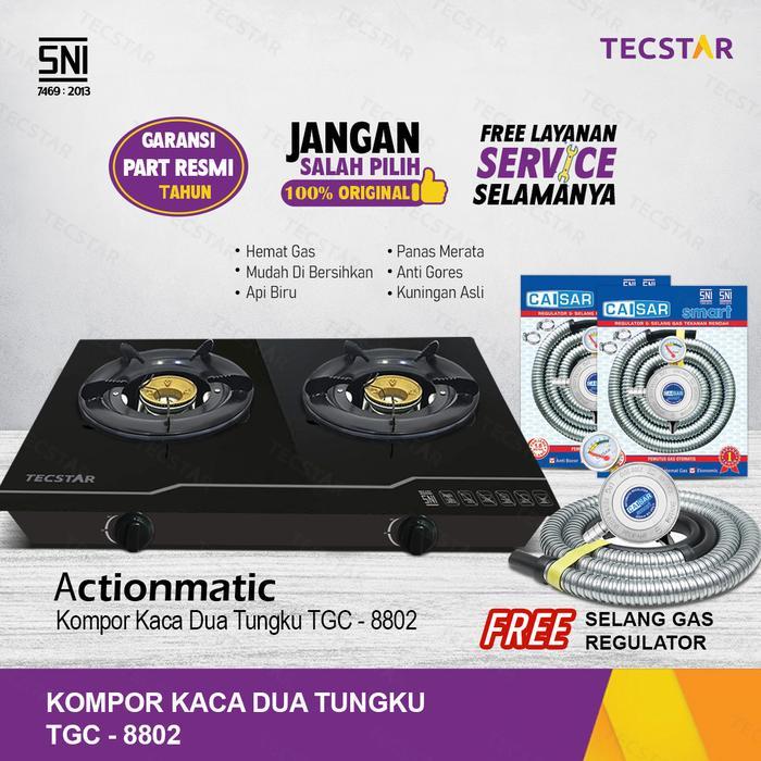 TECSTAR Kompor Gas Kaca 2 Tungku TGC-8802 Actionmatic SNI Gratis Selang Regulator Hemat Gas Panas