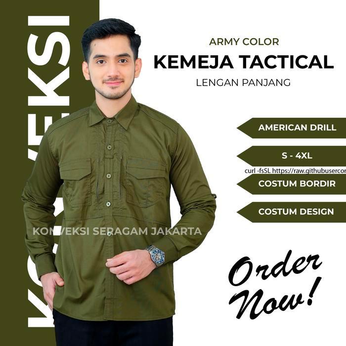 Baju Kemeja Tactical Pria Lengan Panjang - Seragam Kerja Dinas Lapangan Tactical Warna Hijau Army -