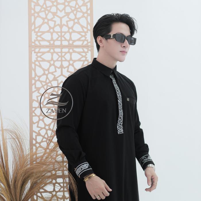 ZAYEN Jubah Slimfit pria Gamis Pria Slimfit jubah zayen hitam kerah daum kerah kemeja bordir jubah
