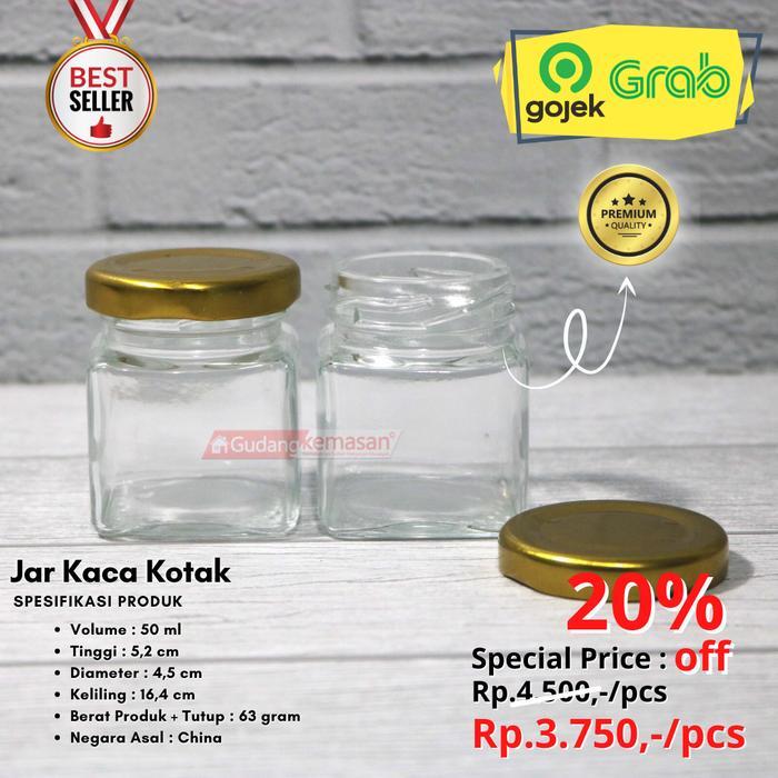 JAR KACA 50ML KOTAK TUTUP KALENG EMAS