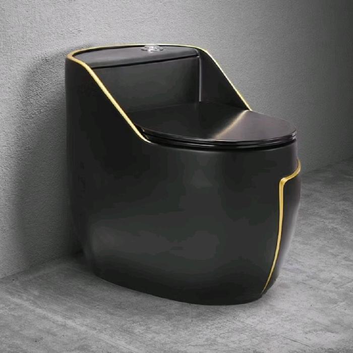 KLOSET DUDUK MODEL TOTO WARNA HITAM EMAS JARAK LUBANG 30CM / CLOSET DUDUK OVAL BLACK GOLD DUAL FLUSH