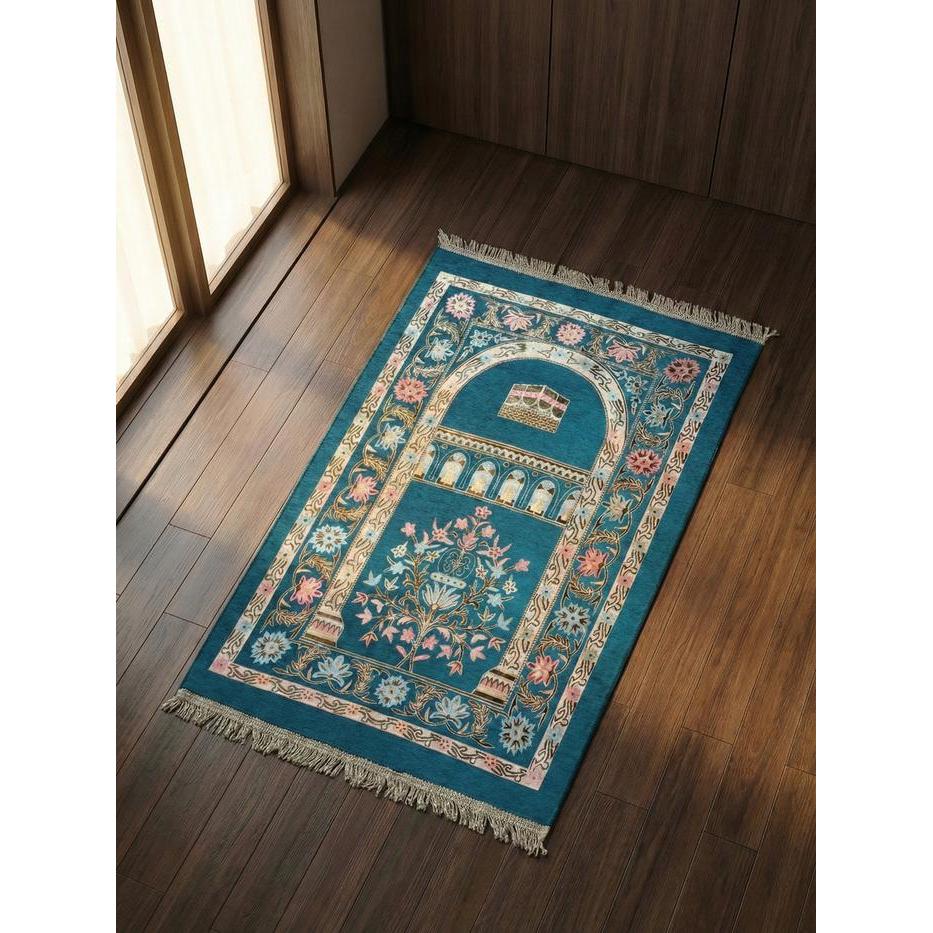 Sajadah Turki Premium Bahan Rajut Polyester Halus, MewahDengan Rumbai Kepang Elegan, Motif Bunga &