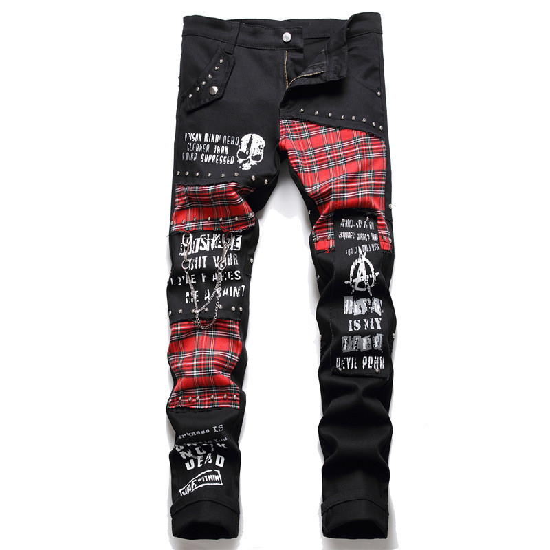 Men's Scotland Red Plaid Tartan Patchwork Jeans Punk Rivet Patch Black Denim Pants Skull Letters