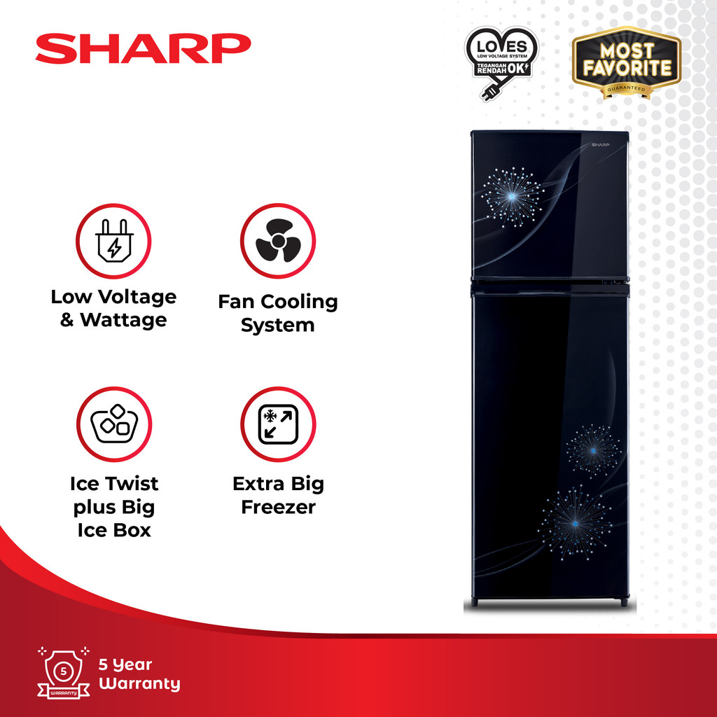 Sharp Kulkas 2 Pintu MagneGlass series - SJ-317MG-DB - Hitam