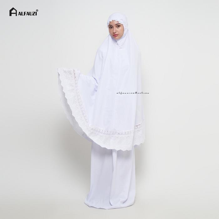 Alfauzi - Mukena Dewasa Putih Polos Renda Bordir Mukena Aisyah Atasan Bawahan Katun Cream