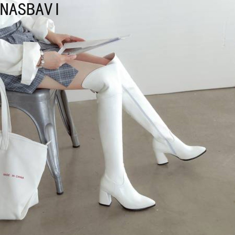 NASBAVI Fashion Over Knee High Boots Women's Winter Thigh Boots Thick High Heel Stretc Long Boots