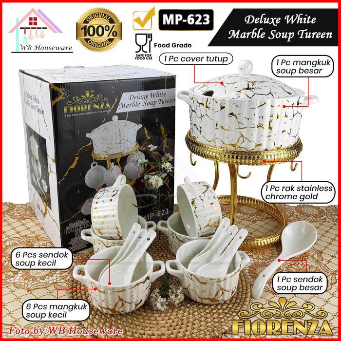 FIORENZA soup tureen white marble duluxe series with rack / mangkuk set+rak/ mangkok es buah keramik