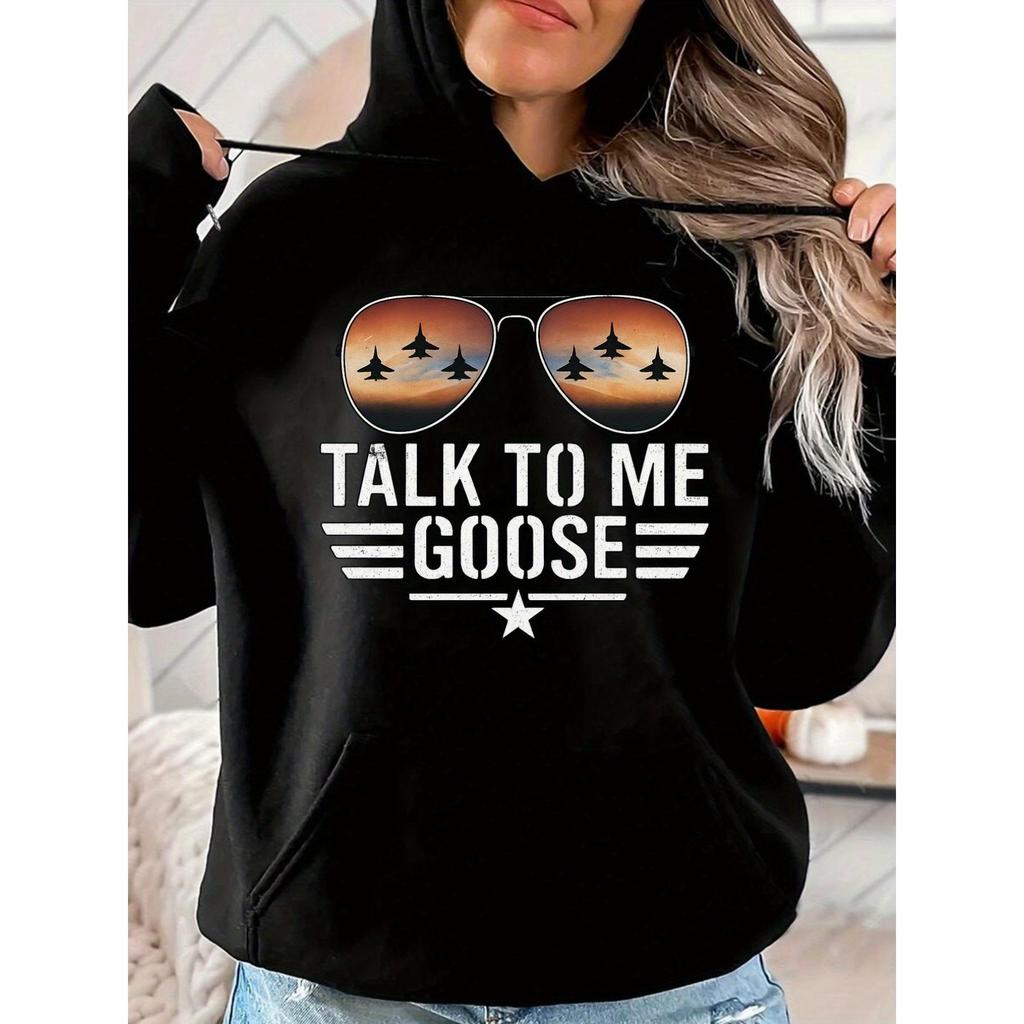 Women's Hoodie - Black Pullover Sweatshirt with "Talk to Me Goose" Print - Loose Fit Long Sleeve Hoo