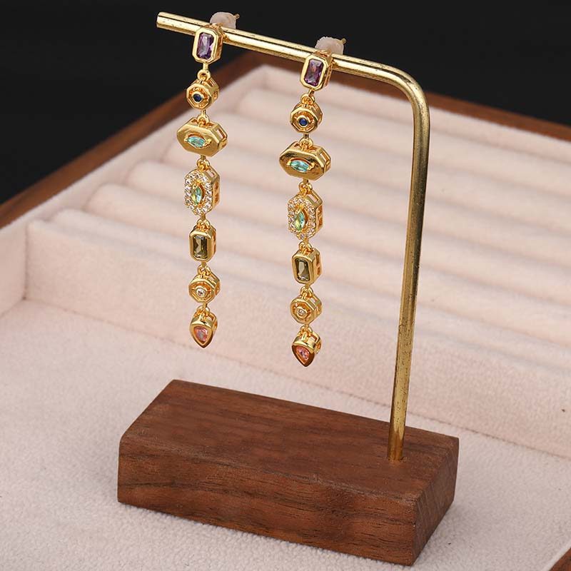 Luxury Colorful Zircon Water Drops Long Tassel Earrings For Women Vintage Gold Color Irregular