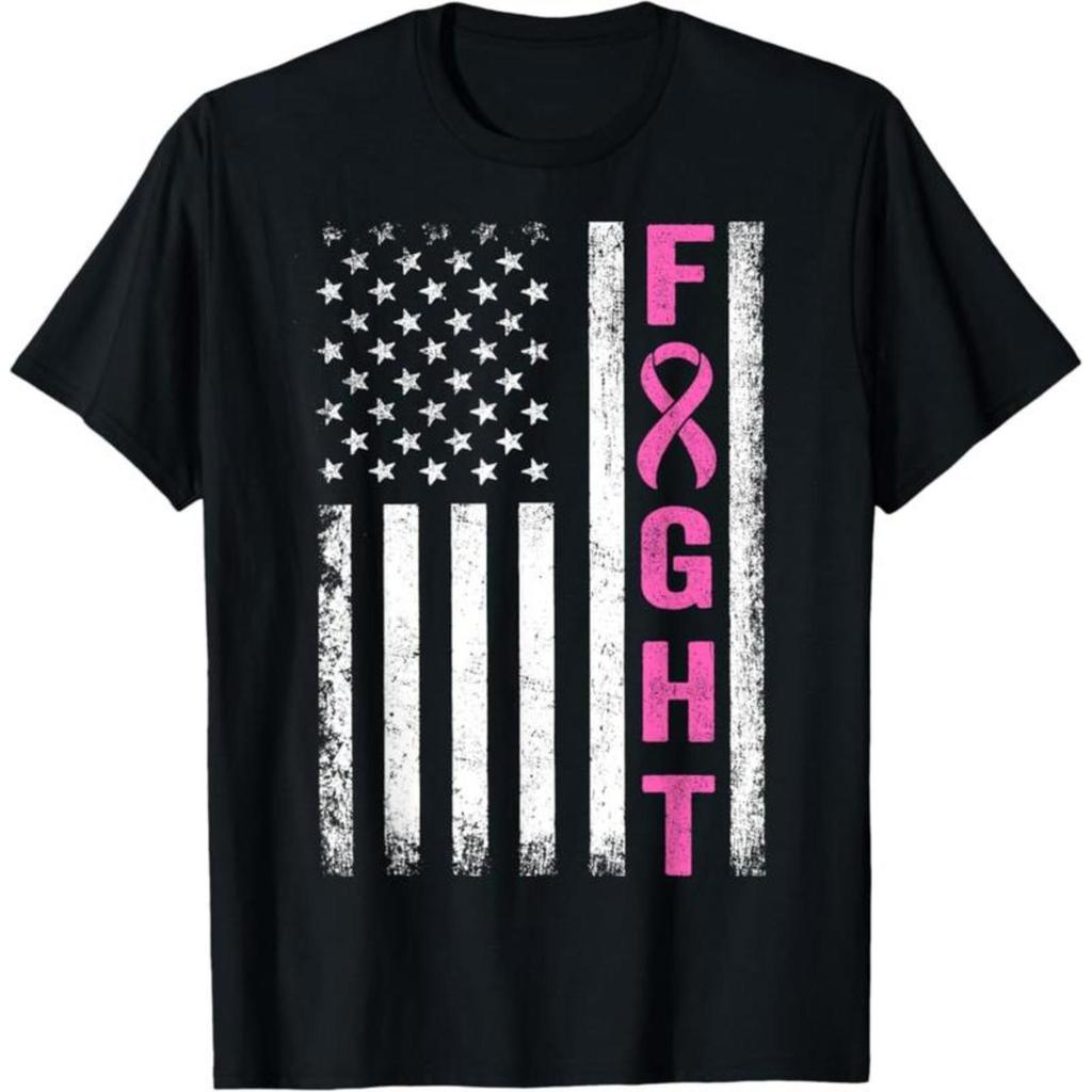 Fight Breast Survivor American Flag Breast Cancer Awareness Women  Men T-Shirt short sleeved T-shirt