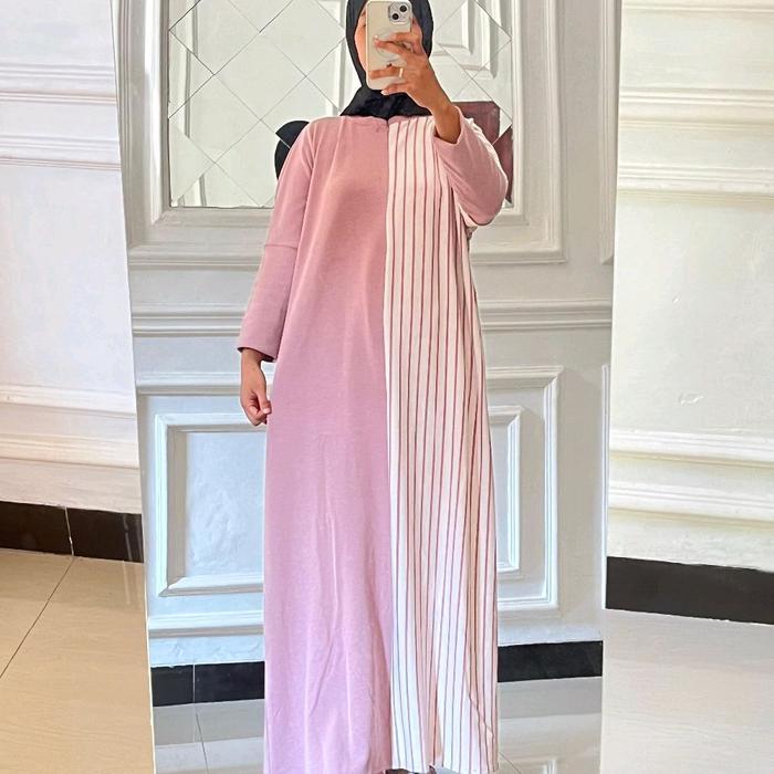 Gamis Midi Dress Batwing Two Tone Knit Tebal Busui Frendly Dress Panjang Muslim Kancing Syari