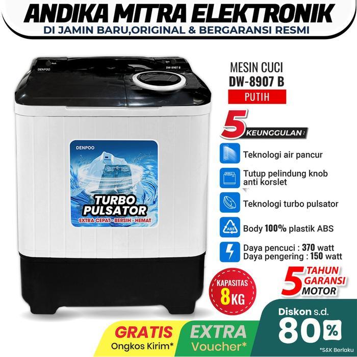 Mesin Cuci 8Kg 2 TABUNG Denpoo DW 8907 4PULSATOR 2 TABUNG - DW 8907B PUTIH
