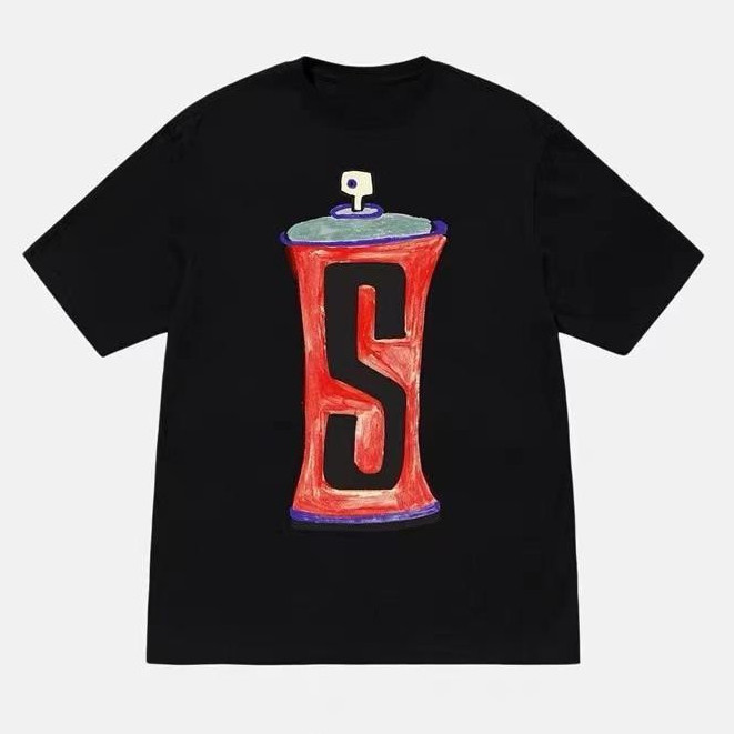 STUSSY hand drawn spray paint can print short sleeved round neck men's and women's pair T-shirt
