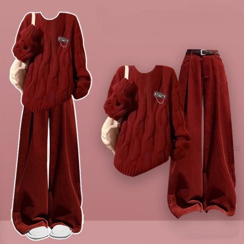 Women's Korean Preppy Style Autumn Winter Sweater Wide Leg Pants Two Piece Set Lady Lucky Red Knit