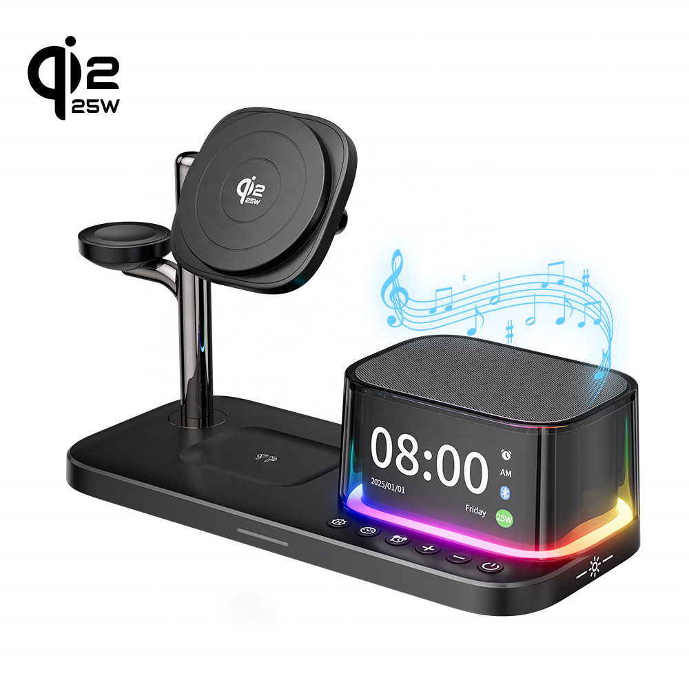 25W QI2 Wireless Charger with Wireless Speaker Digital Clock 3 in 1 Wireless Magnetic Charger for